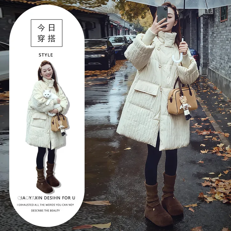 2025冬季新款时尚气质肌理感中长款棉服外套女高级感加厚保暖棉衣