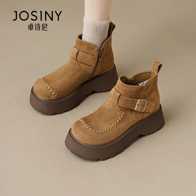 卓诗尼厚底增高勃肯鞋女2025秋季新款复古时尚圆头显瘦短靴