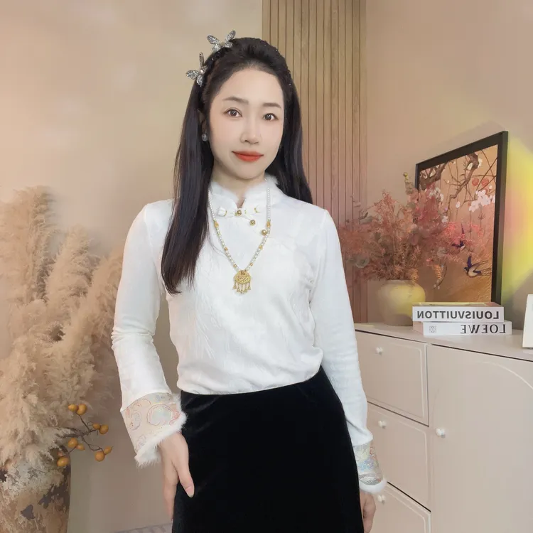 秋冬加绒保暖中国风打底上衣新中式国风新款立领提花长袖T恤衫女
