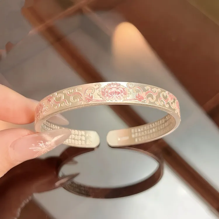 足银手镯 999纯银牡丹花银手镯开口经典素款新中式心经送妈妈礼物