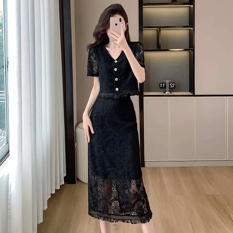 【两件套】夏季2025新款短袖半身裙名媛气质修身漂亮时尚套装裙