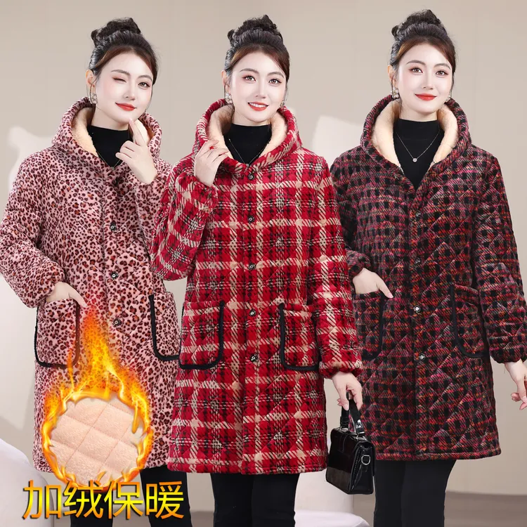 冬季新款连帽保暖女加绒加厚妈妈冬装棉服外套格子洋气时尚罩衣