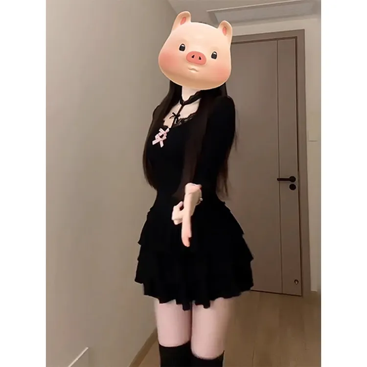 大码胖mm纯欲黑色蕾丝蝴蝶结连衣裙子女秋季新款修身气质包臀短裙