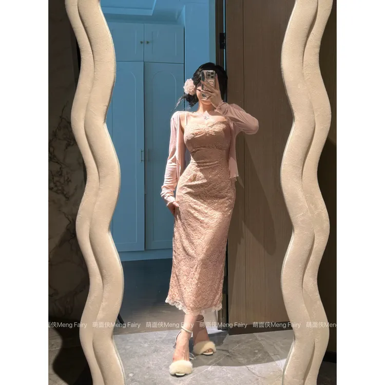 现货萌面侠 【香榭丽舍】温柔气质收腰蕾丝长款连衣裙6196M欧若风