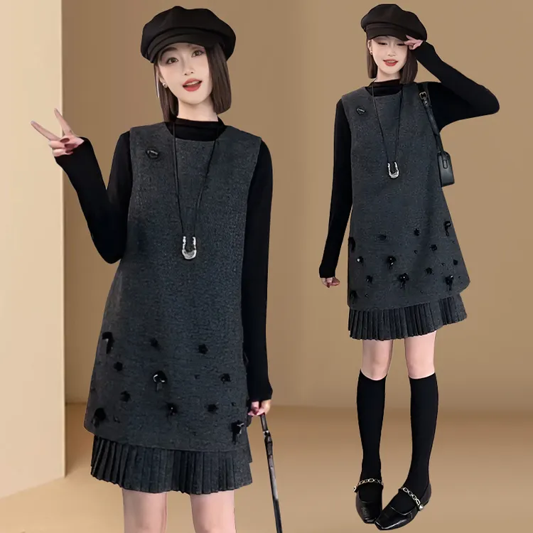 甜美小香风无袖背心连衣裙2025春秋新款打底衫显瘦套装裙两件套潮