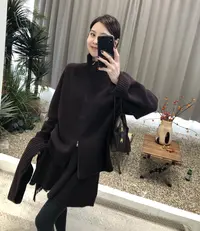 【复古波尔咖】100%绵羊毛拉链毛衣外套+松紧腰花苞短裙两件套装女