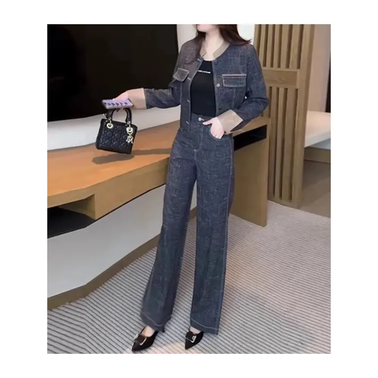 时尚洋气套装2025春季新款女装显瘦减龄百搭拼接长袖阔腿裤两件套