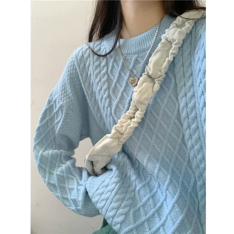 日韩宽松复古圆领上衣针织衫显瘦慵懒风套头毛衣女韩版时尚外穿