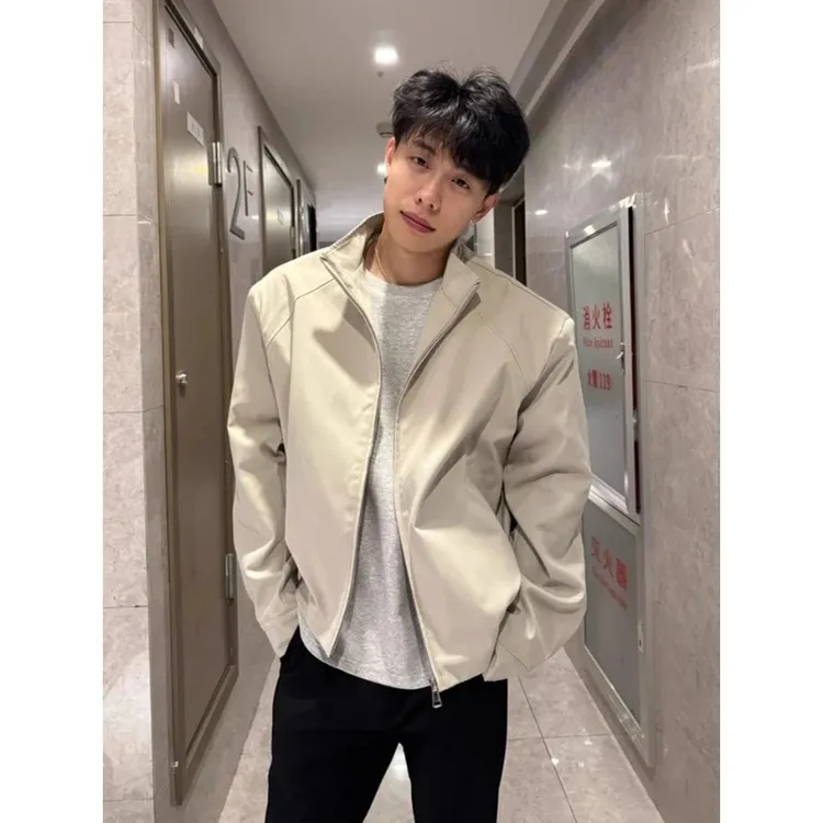 美式cleanfit正肩立领夹克男款秋季垫肩短款外套痞帅高级感棒球服