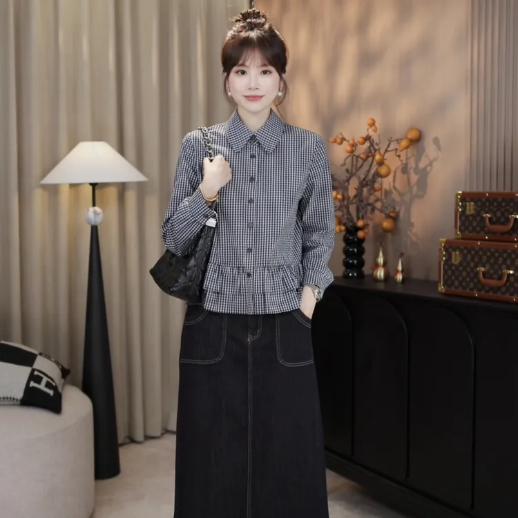 LMENY“人手一件格纹衬衫”格纹撞色下摆双层花边显瘦衬衫25CC013