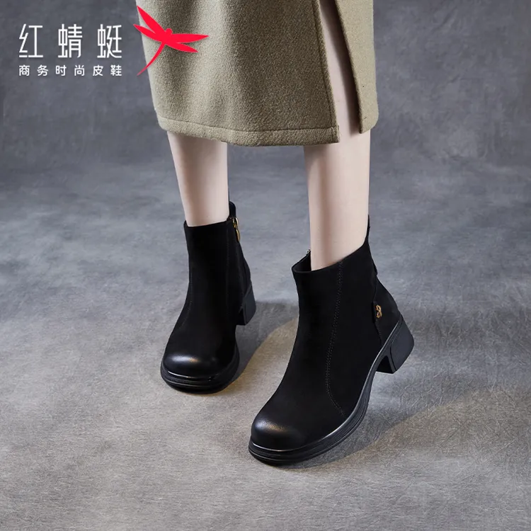 红蜻蜓马丁靴2025年秋季新款圆头侧拉链舒适真皮英伦风女士短靴