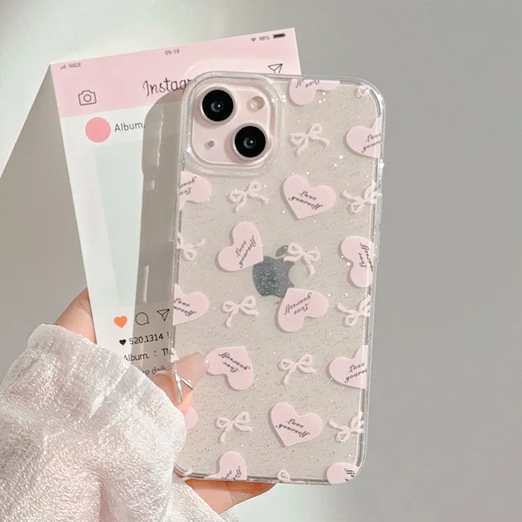 闪粉ins粉爱心支架17手机壳13透明iphone16pro max适用11软12