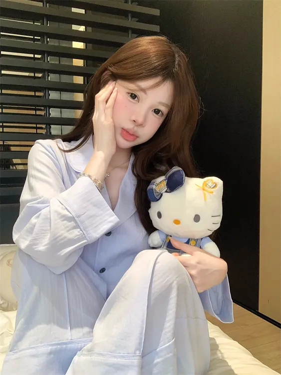 韩系简约纯色小清新翻领纯棉睡衣女秋季新款休闲宽松家居服套装