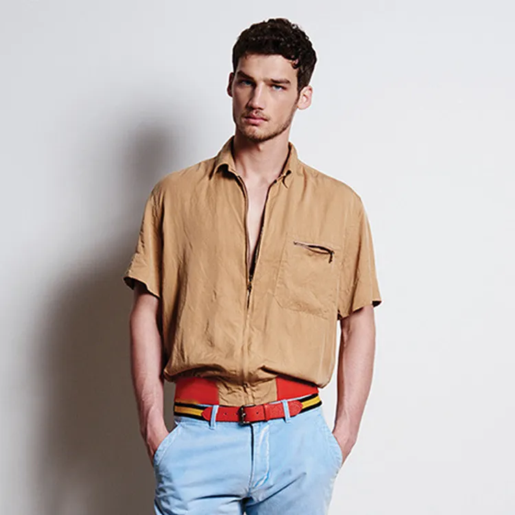 男士半袖上衣宽松休闲2025夏季复古螺纹底衬衫短袖拉链衬衣