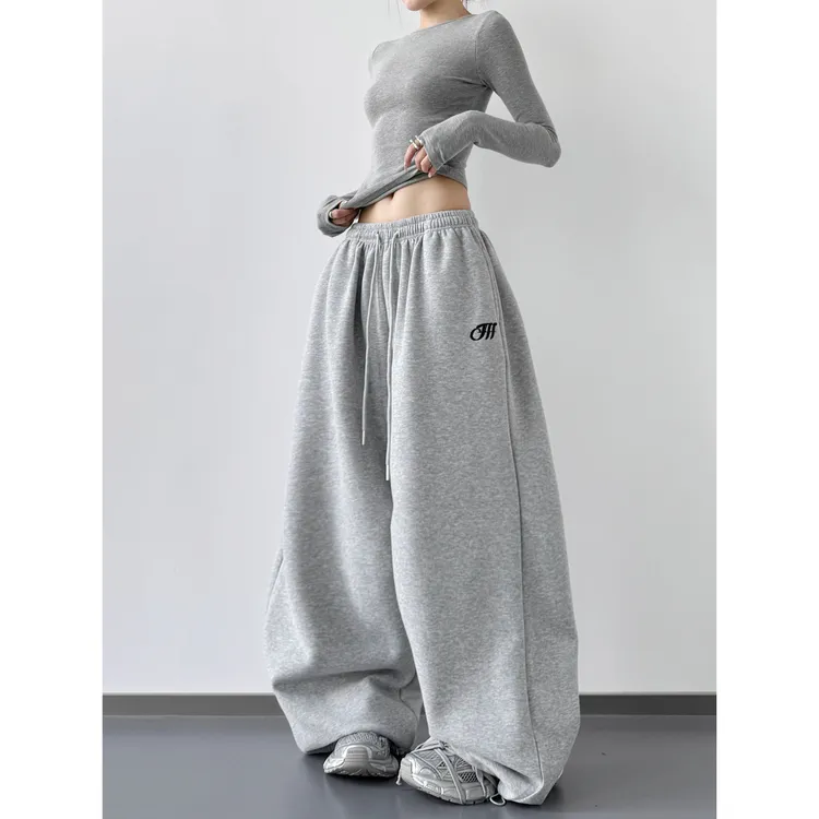 米白色运动裤女2025秋季新款高腰宽松显瘦休闲运动卫裤直筒阔腿