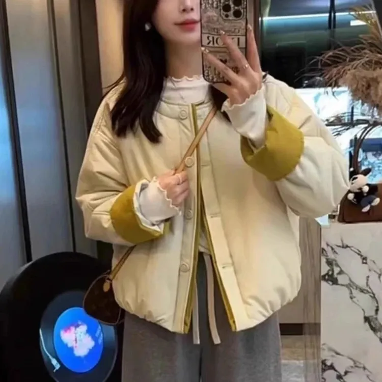 棉感撞色圆领设计感棉服外套女秋冬季新款时尚宽松小个子棉衣