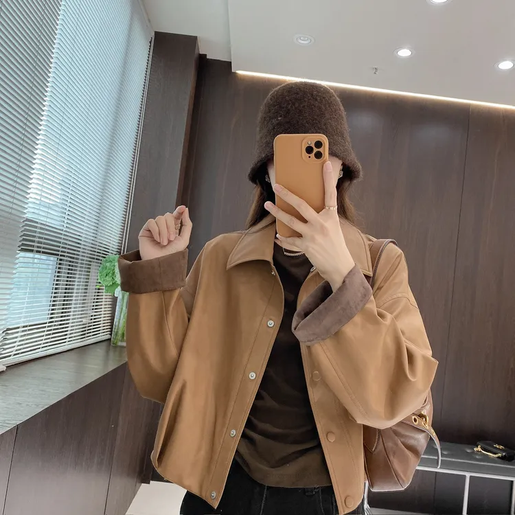 IMFLY金小金自制女装 皮衣外套DYW9775秋冬气质翻领皮夹克上衣