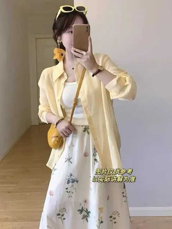 ERLIJIA·韩系温柔黄色衬衫+背心+碎花裙三件套8215