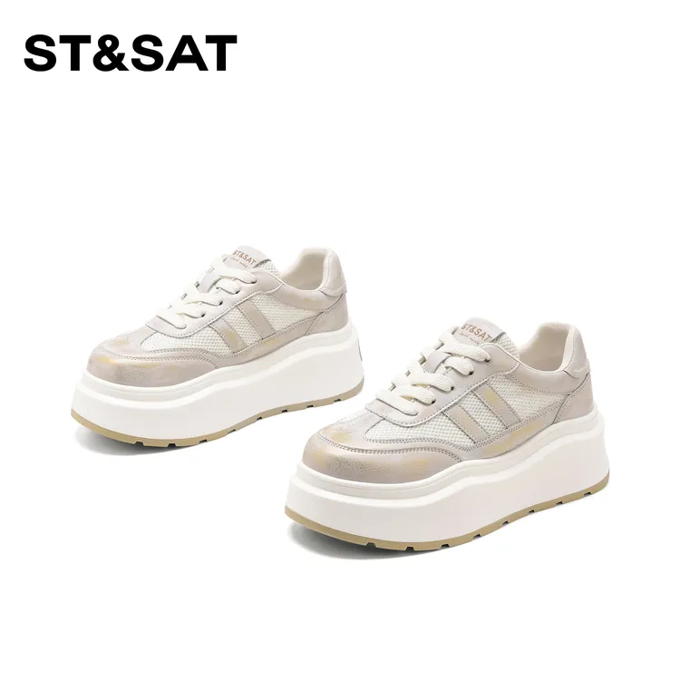 St&Sat/星期六百搭系带网面休闲鞋2025春季新款时尚厚底小白鞋