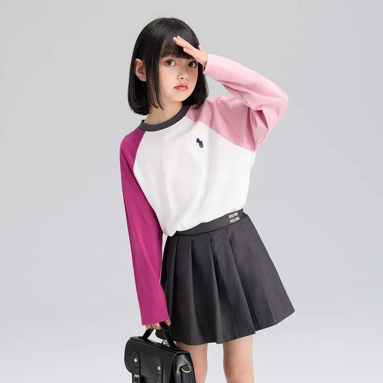 左西女童透气百分棉插肩袖T恤绣花甜粉撞色上衣春秋款