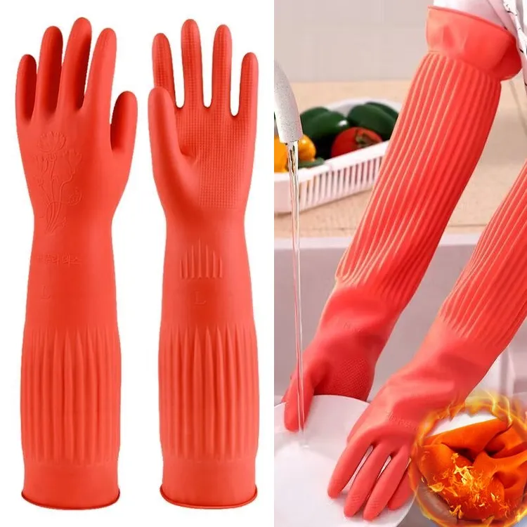 加绒加厚加长家务手套洗碗洗衣服防水耐磨男女冬天冬季一体绒长款