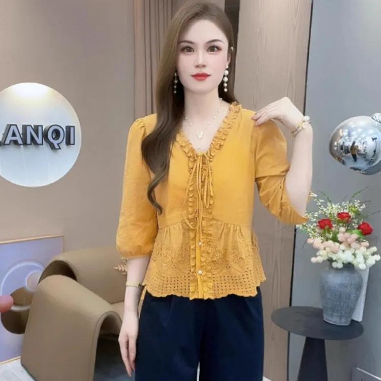 时尚设计感V领中袖衬衫上衣女2025早秋新款宽松显瘦百搭洋气小衫