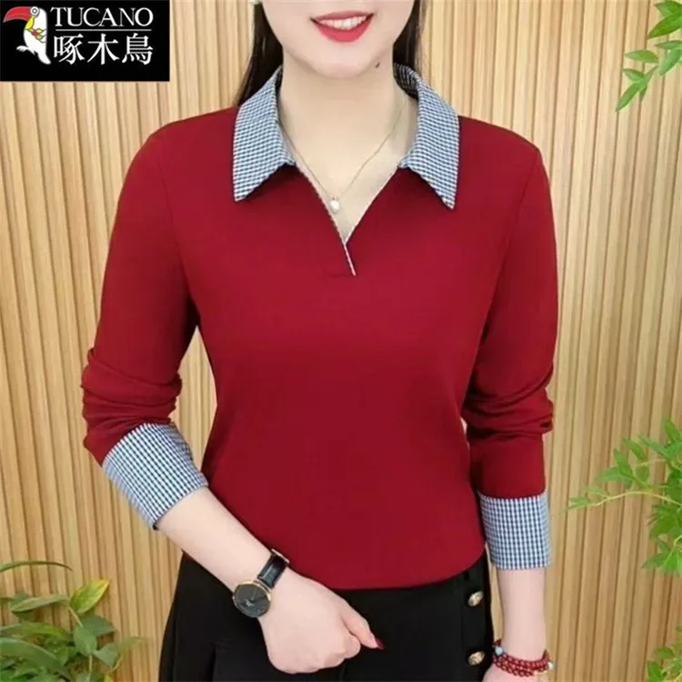 啄木鸟中老年减龄百搭翻领T恤女2025年新款修身显瘦春秋长袖上衣