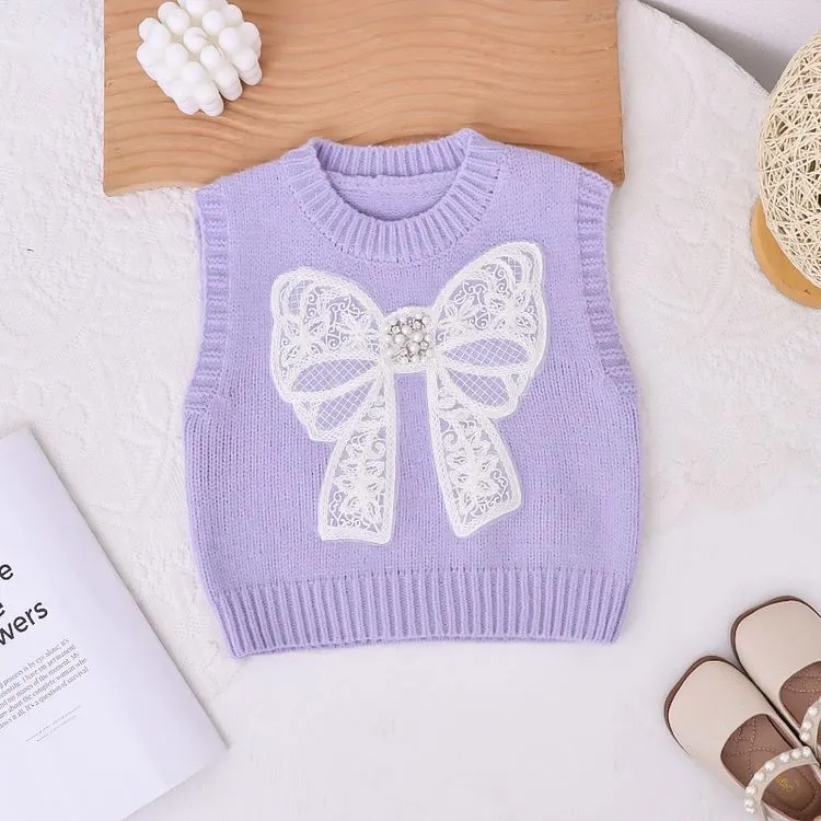 YeeHoO英氏【断码】女童针织马甲套装秋装新款韩版洋气儿童蝴蝶结