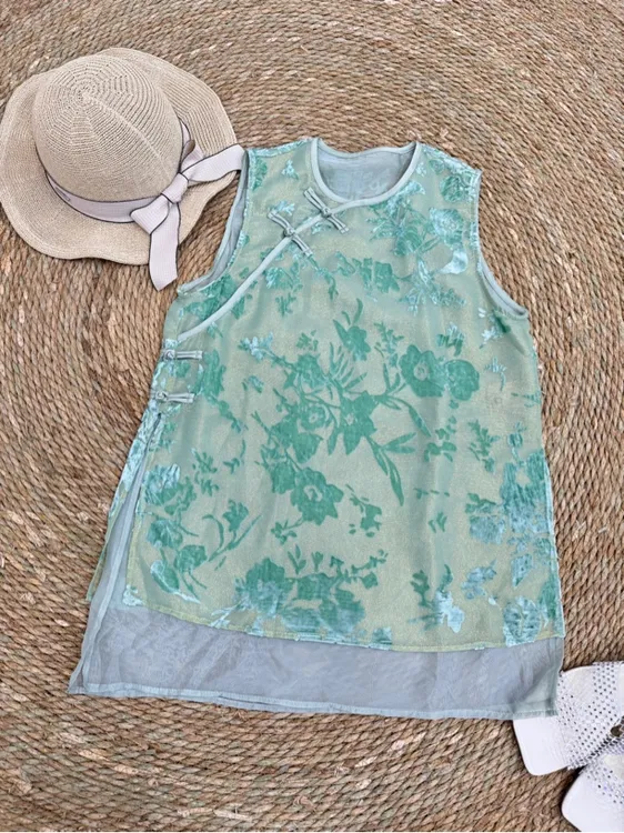 夏款无袖圆领盘扣植绒提花国风上衣