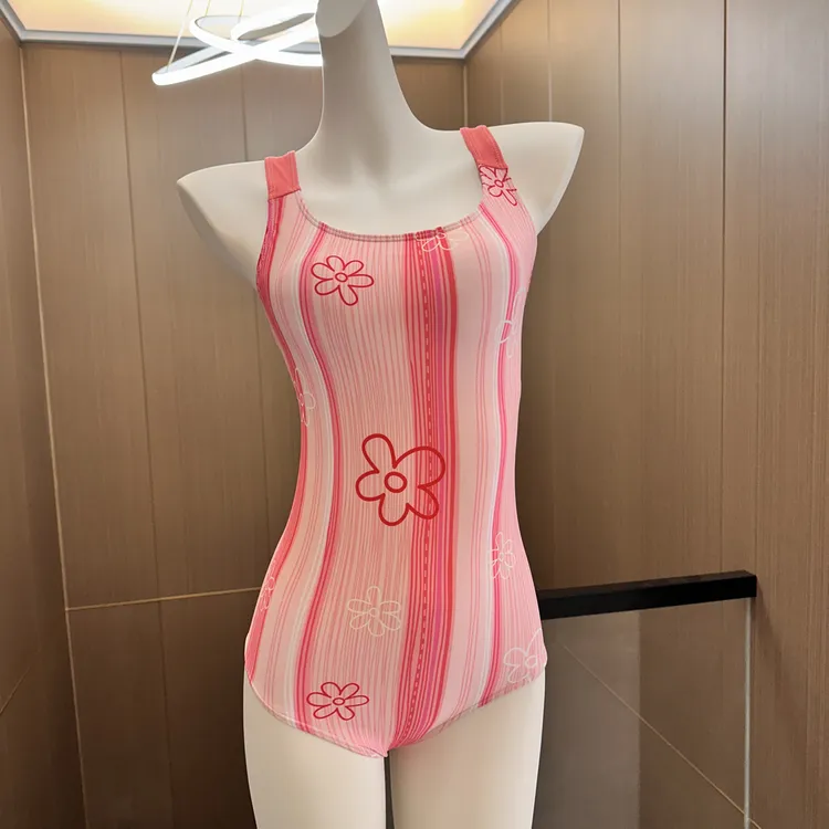 【粉花条纹】专业竞速连体低开叉三角泳衣