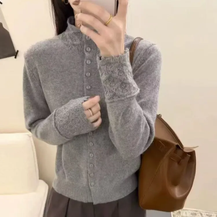 【立领钩花开衫】时尚气质高领领袖镂空钩花设计百搭针织开衫女毛衣
