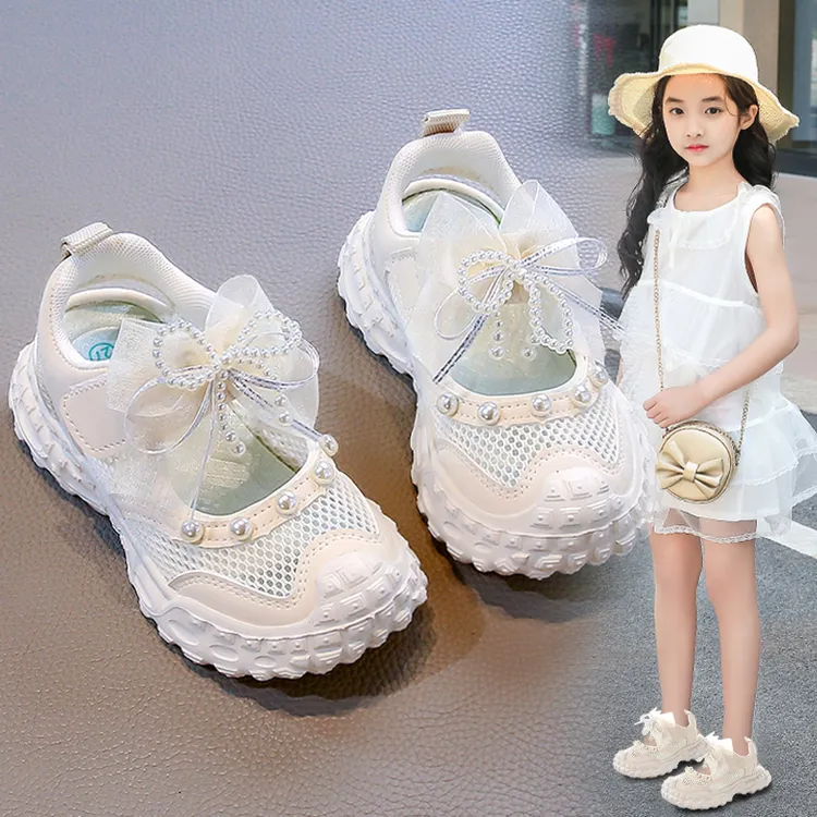 ABC女童白色凉鞋2025夏季新款儿童运动透气单网鞋公主小白鞋大童