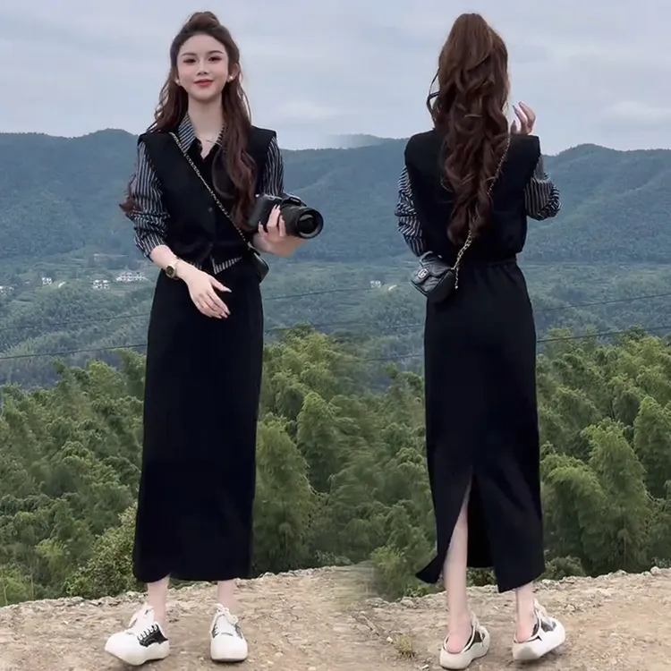 拉夏贝尔时尚套装裙女秋季新款洋气显瘦假两件衬衫半身裙两件套