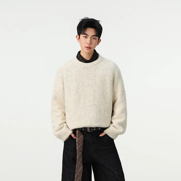cleanfit美拉德杏色羊毛圆领毛衣男秋冬慵懒风内搭打底针织衫上衣