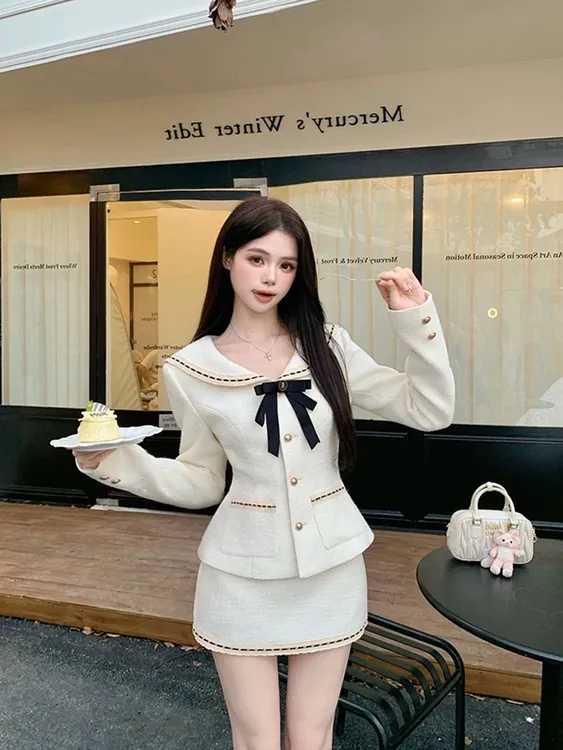 小香风撞色海军领蝴蝶结上衣设计感收腰半身短裙子两件套装女秋季