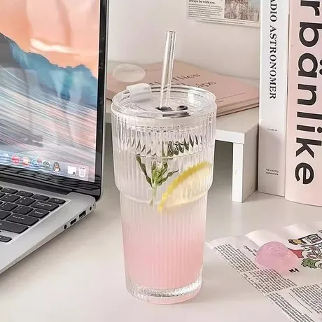 简约竖纹玻璃杯带盖带吸管水杯高颜值冷饮杯果汁美式咖啡杯饮料杯
