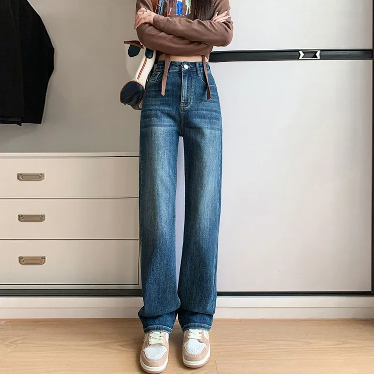 超好看~四面弹窄版直筒裤女2025春秋季百搭显瘦高腰阔腿牛仔裤子