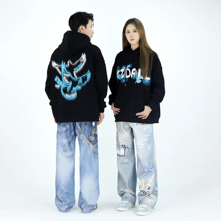 KZDALL原创设计飞鸽发泡印花连帽卫衣秋冬街头宽松休闲情侣百搭潮