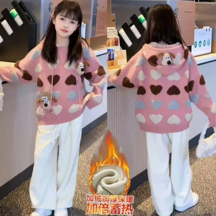 女童秋冬套装新款加厚可爱立体小狗慵懒风毛衣儿童阔腿裤套装