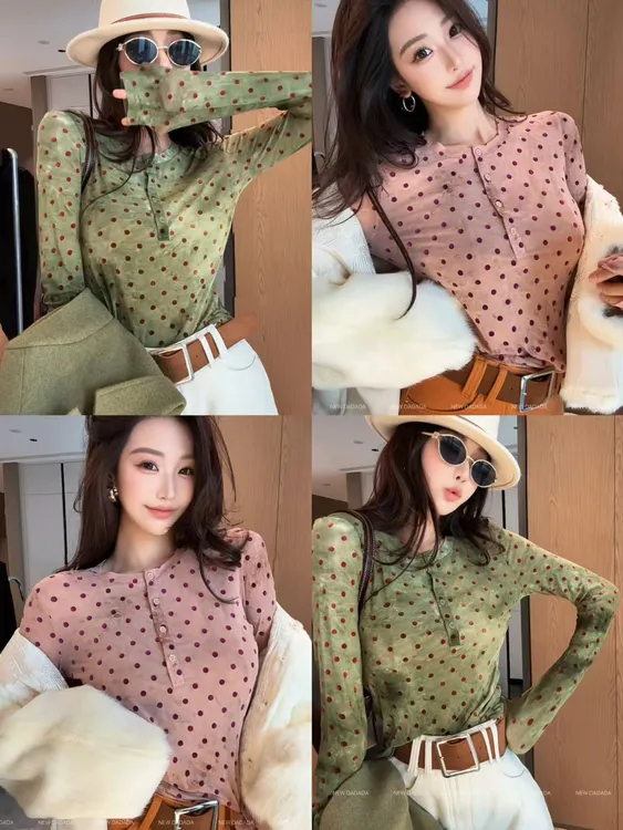 利达NEWDADADA 波点长袖设计感打底女网纱薄款罩衫上衣体恤SM2321