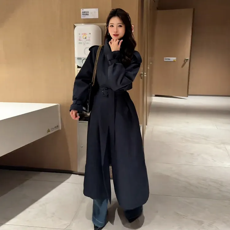 2025新款韩系中长款立领夹棉风衣外套女秋冬季高级感收腰大衣加厚
