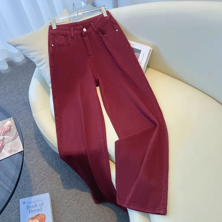 La babite 安可拉红牛仔裤春夏秋2025新款时尚百搭复古直筒阔腿裤