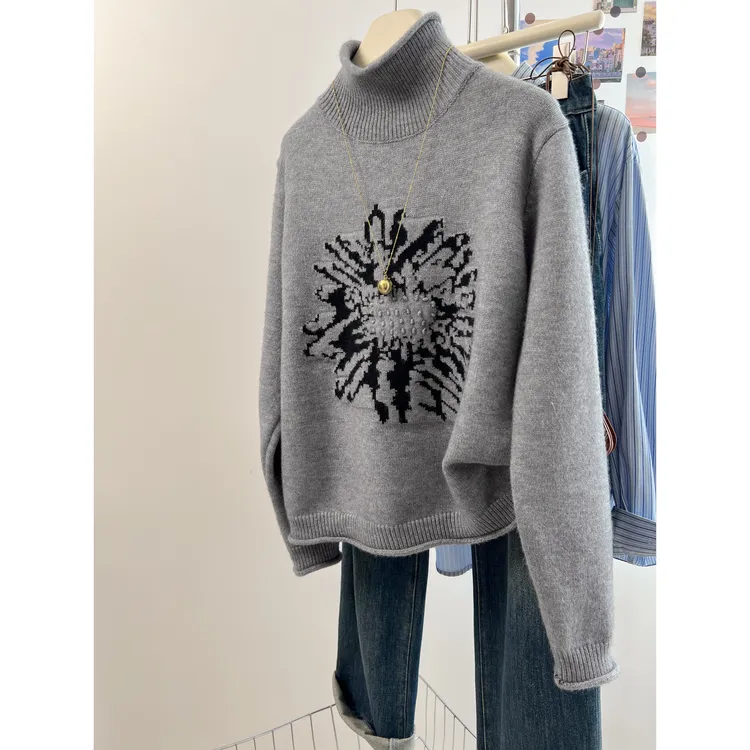 欧货复古提花图案全羊绒高领毛衣女装韩系百搭宽松卷边保暖针织衫