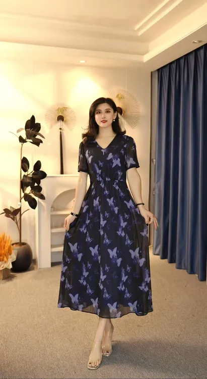 蓝色中长裙连衣裙慵懒风夏季法式碎花中长款女装时尚 8027