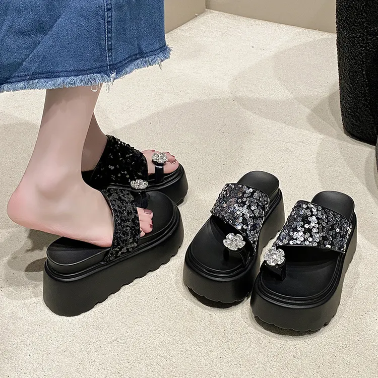 仙女风坡跟拖鞋女夏季外穿2025新款百搭水钻亮片厚底增高沙滩凉鞋
