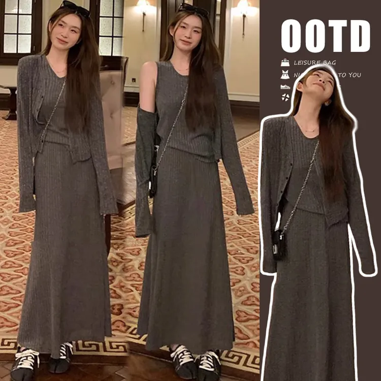 孕妇休闲套装春装2025新款时尚慵懒针织开衫背心半身裙三件套装裙