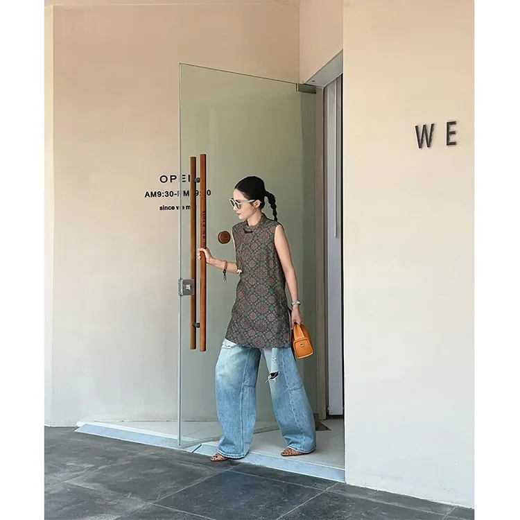 千金贵气名媛风小众女装无袖上衣夏季新款高腰百搭显瘦牛仔裤套装