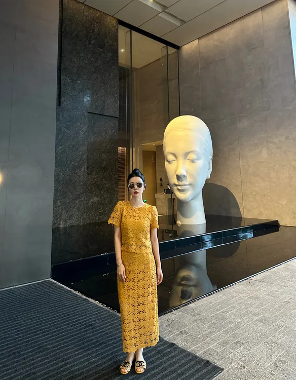 DL乐乐家【南风有穗】韩系休闲套装裙女短袖镂空精致重工高级套装