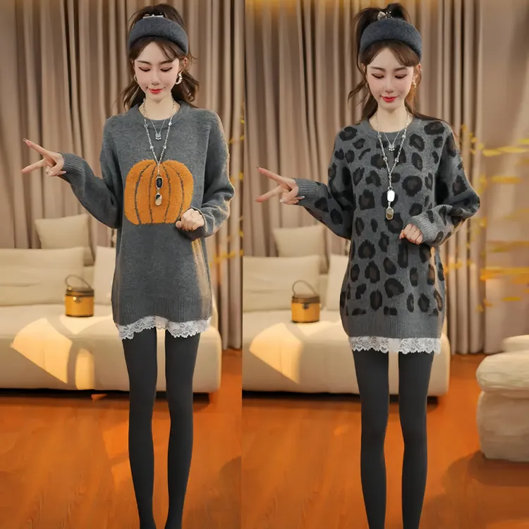 时尚气质中长款蕾丝毛衣女2025冬季新款慵懒风宽松减龄假两件上衣