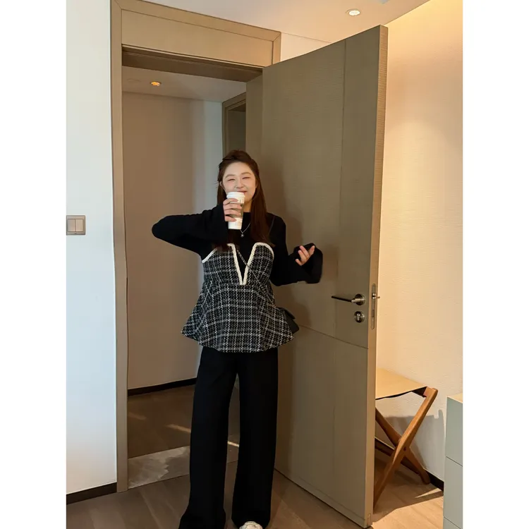 楠序【反转巴黎】源子微胖女装 秋季拼接上衣裤子显瘦套装女YZ37312